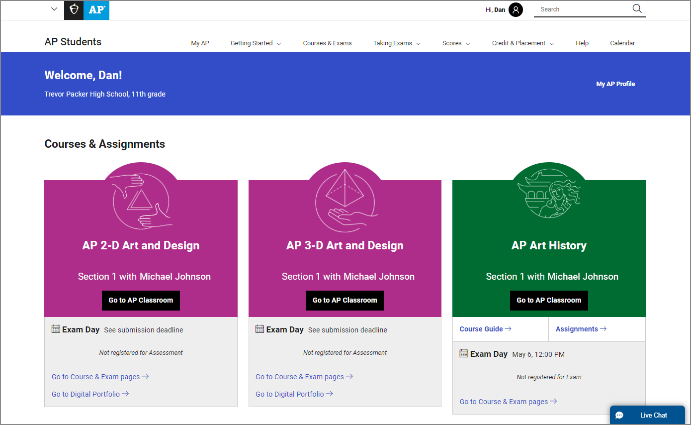 AP Classroom dashboard example