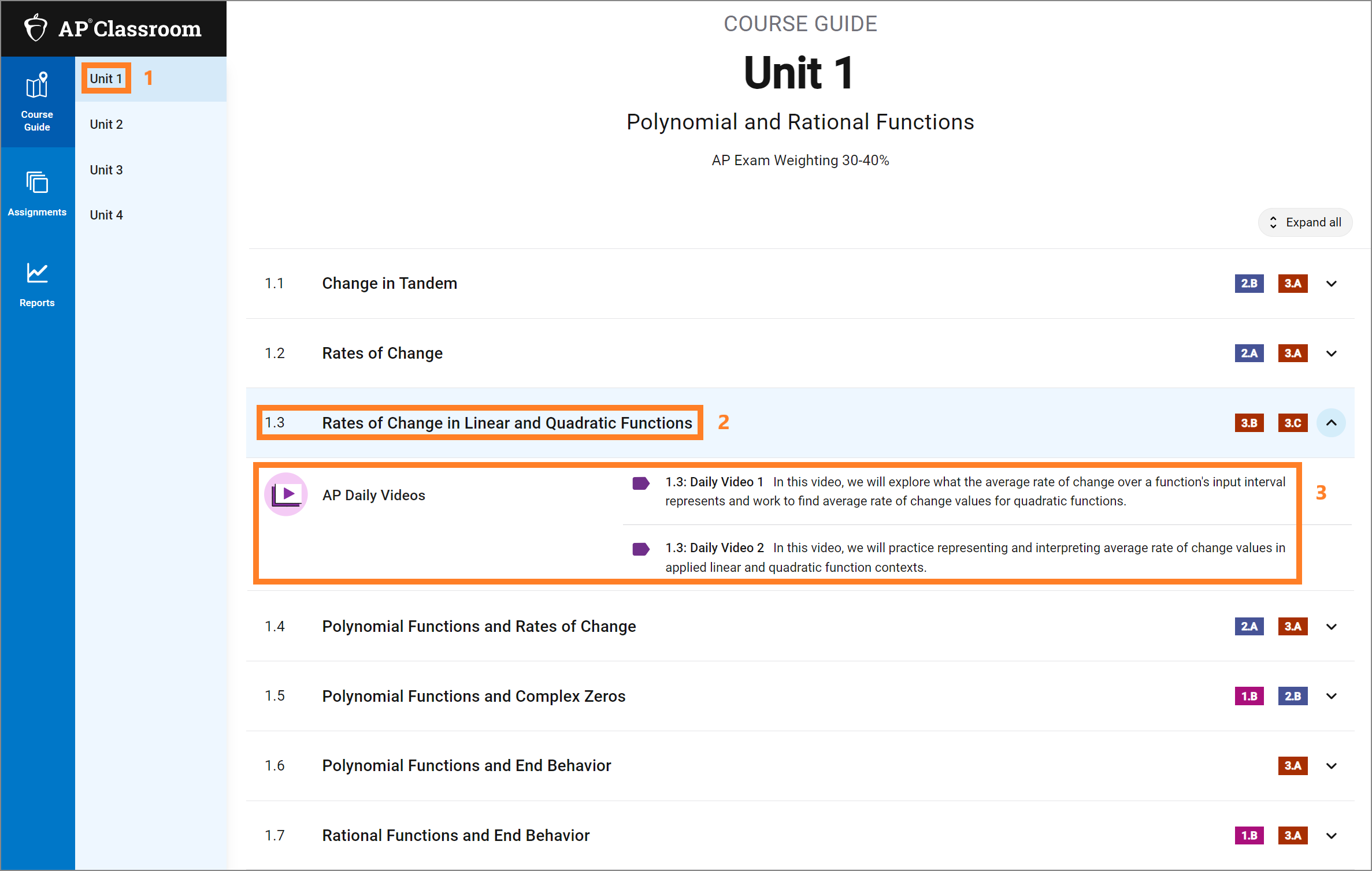 Screen showing how to select videos within the course guide section