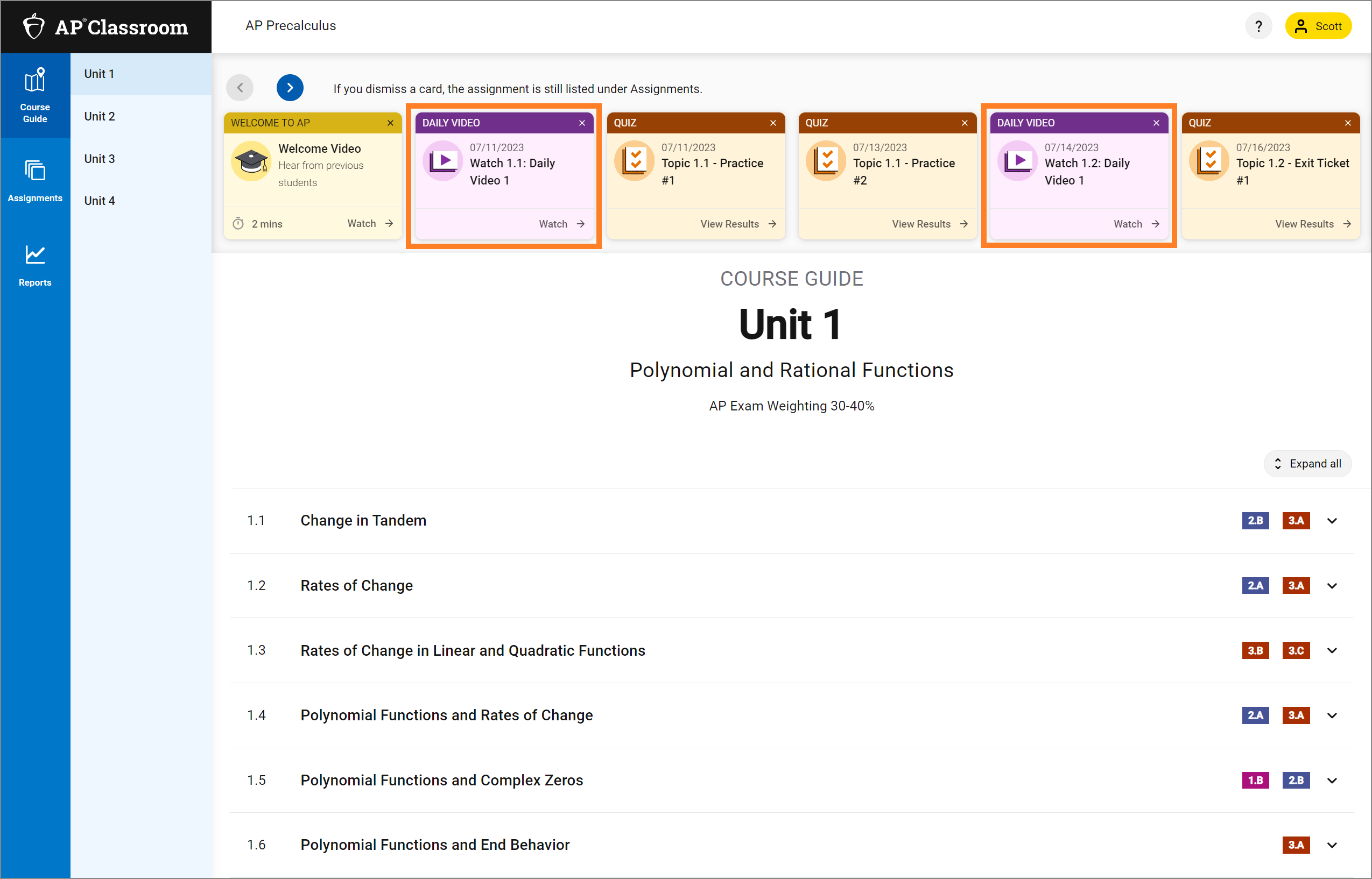 Screen showing the "to-do" cards at the top of the AP Classroom dashboard