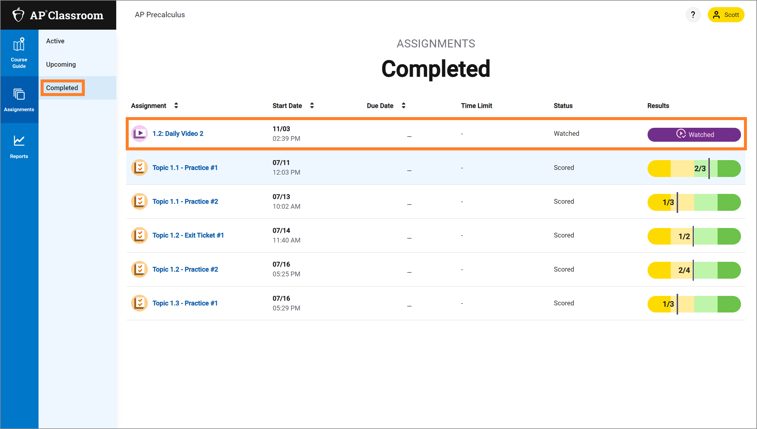 Screen showing the Completed page in the Assignments section